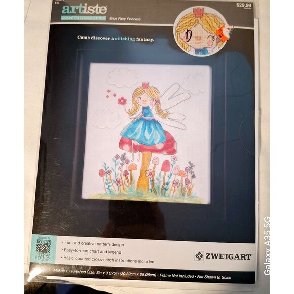 Artiste Counted Cross-Stitch Kit "Blue Fairy Princess" 8"x9.875" Easy-To-Read Ch - Picture 3 of 7